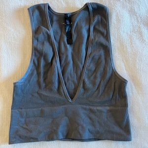 Grey Ribbed V-Neck Crop Top